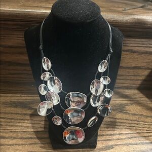 Chico’s Large Silver Tone Medallion and Black Rope Semi Bib Statement Necklace